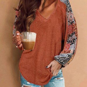ORANGE CONTRAST EYELET KNIT TOP